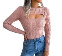 FeMereina Womens Ribbed Knit Cut Out Sweaters Jumper Slim Fit Crop Top Pullovers Cable Knitted Crewneck Sweater Tops (Pink, L)