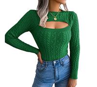 FeMereina Womens Ribbed Knit Cut Out Sweaters Jumper Slim Fit Crop Top Pullovers Cable Knitted Crewneck Sweater Tops (Green, M)