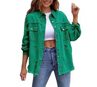 FeMereina Women's Ripped Distressed Denim Jacket Casual Long Sleeve Boyfriend Jean Coat Basic Trucker Jackets (Green, L)
