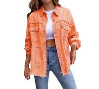 FeMereina Women's Ripped Distressed Denim Jacket Casual Long Sleeve Boyfriend Jean Coat Basic Trucker Jackets (Orange, XL)