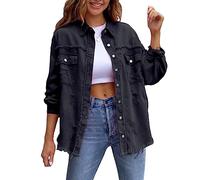 FeMereina Women's Ripped Distressed Denim Jacket Casual Long Sleeve Boyfriend Jean Coat Basic Trucker Jackets (Black, M)