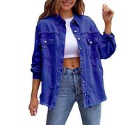 FeMereina Women's Ripped Distressed Denim Jacket Casual Long Sleeve Boyfriend Jean Coat Basic Trucker Jackets (Blue, XXL)