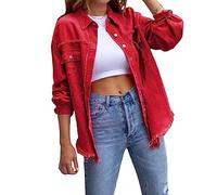 FeMereina Women's Ripped Distressed Denim Jacket Casual Long Sleeve Boyfriend Jean Coat Basic Trucker Jackets (Red, XL)