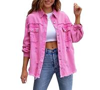 FeMereina Women's Ripped Distressed Denim Jacket Casual Long Sleeve Boyfriend Jean Coat Basic Trucker Jackets (Pink, S)