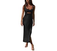 FeMereina Women's Satin Slip Maxi Dresses Square Neck Silk Sexy Slit Midi Formal Dresses Spaghetti Strap Cut Out Long Dress for Women Evening Party (Black, S)