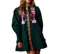 FeMereina Womens Sequin Christmas Costume Nutcracker Shirt Dress Sparkle Holiday Santa Cocktail Sweatshirt Sweater Mini Dress (Dark Green, S)