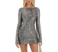 FeMereina Women's Sequin Party Dress - Crewneck, Long Sleeve, Ruched Bodycon, Glitter, Backless, Tie-Up Mini - Club Party Dress (Silver, M)