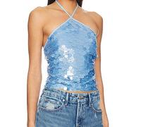 FeMereina Womens Sequin Sparkle Halter Crop Tops Sexy Embellished Cami Tank Tops Y2k Bling Glitter Rhinestone Camisole (Sky Blue, S)