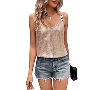FeMereina Womens Sequin Top V Neck Strappy Sparkle Camisole Glitter Sleeveless Tanks Tops Chain Strap Shimmer Cami Party Vest (Champagne, L)