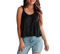 FeMereina Women's Sequined Camisole Shining Glitter Crop Top Shimmer Sequin Deep V-Neck Strap Sparkle Crop Tank Clubwear (W-Black, L)