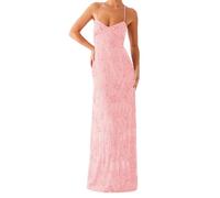 FeMereina Women's Sequins Beaded Long Dress Sexy Spaghetti Strap Halter Sparkle Maxi Dress Sparkly Rhinestone Backless Bodycon Dresses (Pink, M)