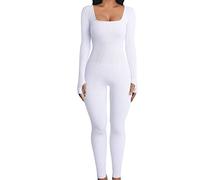 FeMereina Women's Sexy Bodycon Long Sleeve Square Neck One Piece Romper Ribbed Knit Yoga JumpsuitWorkout Unitard Playsuit Backless Cute Club (White, M)