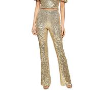 FeMereina Womens Sexy High Waist Sequin Sparkle Flared Pants Slim Wide Leg Bell Bottom Shiny Trousers Clubwear (Golden, S)