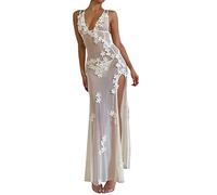 FeMereina Women's Sexy Mesh Sheer Flower Swimsuit Cover Ups Long Beach Backless See Through Maxi Dress Sleeveless Split Side V Neck Party Dress (White, S)