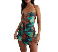 FeMereina Womens Sexy Sleeveless Halter Spaghetti Cutout Mini Dress Ruched Drawstring Bodycon Club Dress V-Neck Abstract Print Bandage Outfit (Multicolor, M)