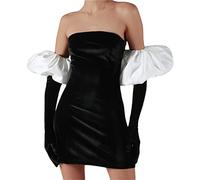 FeMereina Women's Sexy Strapless Off Shoulder Bodycon Dress Oversized Bow Applique Ruched Party Club Mini Dresses with Gloves (White Black, S)