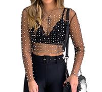 FeMereina Women's Sheer Mesh Tops Long Sleeve Glitter Sexy Tops See Through Blouses Round Neck Sequin Rhinestone Slim Fit Crop Tops