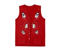 FeMereina Women's Sleeveless Christmas Cardigan Button-Down V Neck Knitted Sweater Vest with Pockets (Red 2, L)