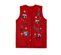 FeMereina Women's Sleeveless Christmas Cardigan Button-Down V Neck Knitted Sweater Vest with Pockets (Red 3, L)