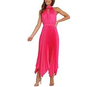 FeMereina Women's Sleeveless Cutout Halter Neck Satin Formal Dress Smocked Pleated Asymmetric Party Cocktail Maxi Dress (Rose Red, M)