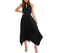 FeMereina Women's Sleeveless Cutout Halter Neck Satin Formal Dress Smocked Pleated Asymmetric Party Cocktail Maxi Dress (Black, S)