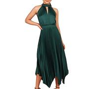 FeMereina Women's Sleeveless Cutout Halter Neck Satin Formal Dress Smocked Pleated Asymmetric Party Cocktail Maxi Dress (Dark Green, M)
