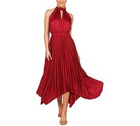 FeMereina Women's Sleeveless Cutout Halter Neck Satin Formal Dress Smocked Pleated Asymmetric Party Cocktail Maxi Dress (Wine Red, L)