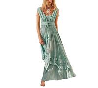 FeMereina Women's Spaghetti Strap Low Cut Long Dress Sleeveless V Neck Tie Waist Solid Color Ruffle Dress Backless Maxi Layered Dress Clubwear (Green, L)