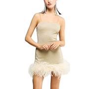 FeMereina Women's Sparkle Sequin Mini Dress Sleeveless Spaghetti Strap Glitter Mini Dress Backless Party Club Bodycon Cami Mini Dress (Champagne, S)