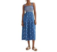 FeMereina Women's Square Neck Spaghetti Strap Tie-Up Long Dress Casual 3D Flower Shirred Tiered A-Line Dress Floral Print Ruffle Flowy Boho Cami Dress (Blue, L)
