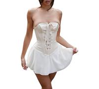 FeMereina Women's Strapless Wrap Bodycon Corset Dres Solid Color Sleeveless Backless Off Shoulder Front Cross Bandage Mini A-Line Dress (Light Champagne, L)