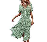 FeMereina Women's Summer Button Down Midi Dress - Short Sleeve V Neck Floral Lapel Ruffle Ditsy Loose Boho Swing Shirt Dress - S/M/L/XL - Yellow, Red, Black, Blue