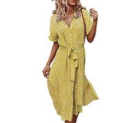 FeMereina Women's Summer Button Down Midi Dress - Short Sleeve V Neck Floral Lapel Ruffle Ditsy Loose Boho Swing Shirt Dress - S/M/L/XL - Yellow, Red, Black, Blue