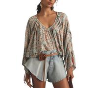 FeMereina Women's Summer Floral Print Loose Shirt Flare Long Sleeve V-Neck Boho Blouse Ruffle Hem Peplum Top Y2K Streetwear (Blue, M)