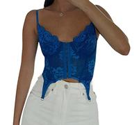 FeMereina Womens Summer Mesh Bustier Sexy Sheer Vintage Spaghetti Strap Open Back Boned Corset Going Out Party Crop Top (Blue#1, M)