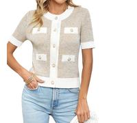 FeMereina Womens Summer Pearl Button Down Cardigans Shirts Casual Short Sleeve Crew Neck Contrast Color Tops Knit Cropped Lightweight Sweater (Apricot, S)