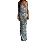 FeMereina Women's Summer Sequin Sheer Dress Spaghetti Straps Backless Sparkly See Through Slit Cocktail Party Long Dress (Blue, S)