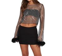 FeMereina Women's Summer Sheer Mesh Crop Tops Feather Long Sleeve O Neck Shirt Feather Patchwork See Through Cover Up Clubwear