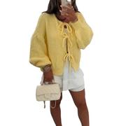 FeMereina Womens Tie Front Cardigan Sweaters Cute Bow Puff Long Sleeve 2024 Fall Loose Ribbed Knit Trendy Sweater Tops (Yellow, L)