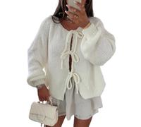 FeMereina Womens Tie Front Cardigan Sweaters Cute Bow Puff Long Sleeve 2024 Fall Loose Ribbed Knit Trendy Sweater Tops (White, M)
