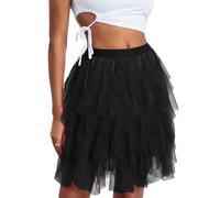 FeMereina Women's Tulle Mini Skirt Ruffled Mesh Puffy Ballet Tutu Skirts 50s Carnival Party Elastic Waist Short Underskirts (Black, ONE Size)