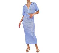 FeMereina Women's Two Piece Crochet Knit Outfits Short Sleeve Knit Button Crop Top High Waist Bodycon Midi Skirt Sets Hollow Out Cover Up