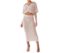 FeMereina Women's Two Piece Crochet Knit Outfits Short Sleeve Knit Button Crop Top High Waist Bodycon Midi Skirt Sets Hollow Out Cover Up