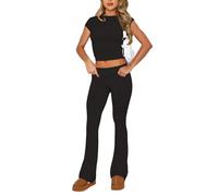 FeMereina Women's Two Piece Outfit Basic Short Sleeve Crop Top and Low Rise Flare Pants Set Lounge 2 Piece Yoga Tracksuit (black, S)