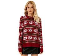 FeMereina Women's Ugly Christmas Xmas Snowflake Patterns Knitted Sweater Long Sleeve High Neck Floral PrintedPullover Knitwear (Red#3, XL)