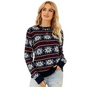 FeMereina Women's Ugly Christmas Xmas Snowflake Patterns Knitted Sweater Long Sleeve High Neck Floral PrintedPullover Knitwear (Navy#2, S)