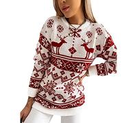 FeMereina Women's Ugly Christmas Xmas Snowflake Patterns Knitted Sweater Long Sleeve High Neck Floral PrintedPullover Knitwear (Red#2, M)