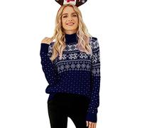 FeMereina Women's Ugly Christmas Xmas Snowflake Patterns Knitted Sweater Long Sleeve High Neck Floral PrintedPullover Knitwear (Blue, XL)