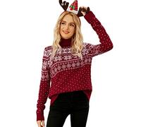 FeMereina Women's Ugly Christmas Xmas Snowflake Patterns Knitted Sweater Long Sleeve High Neck Floral PrintedPullover Knitwear (Red, M)