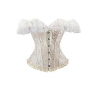 FeMereina Womens Vintage Off Shoulder Corset Bustier Renaissance Gothic Floral Embroidery Ruffle Hem Boned Overbust (Ivory, S)